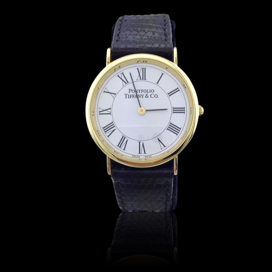 Tiffany Portfolio Ladies 14k Yellow Gold Leather Strap Watch