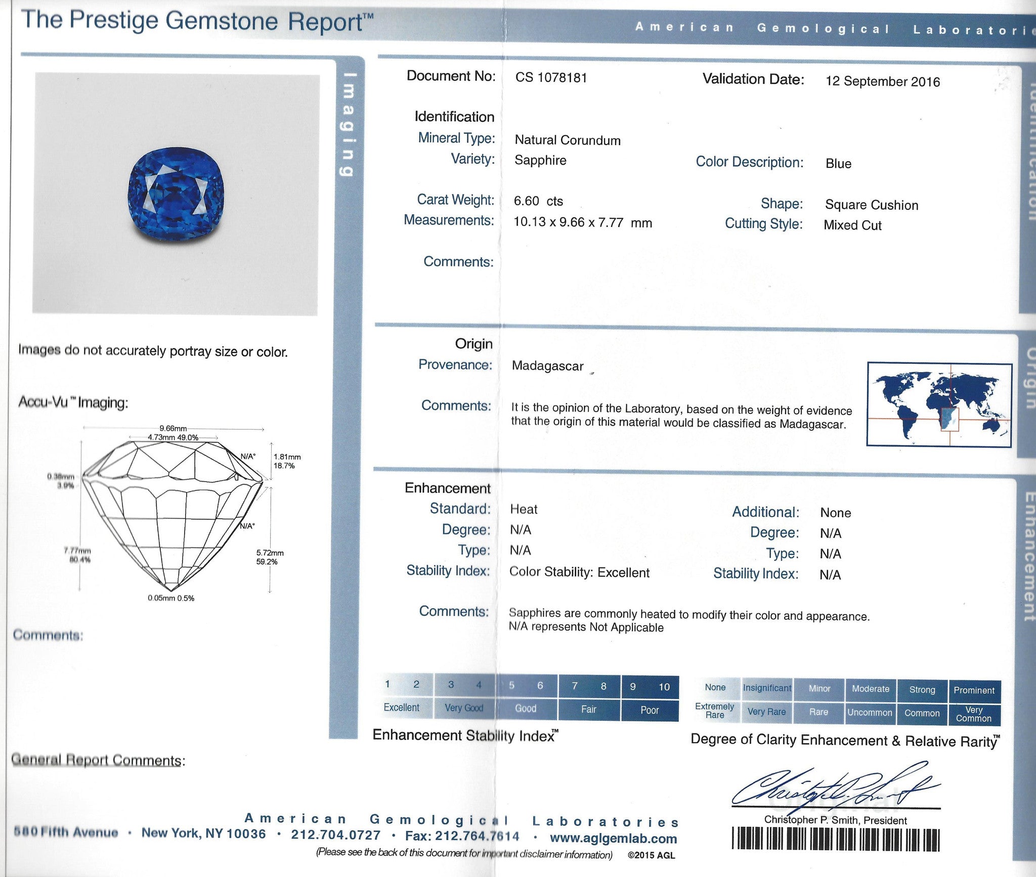 AGL 6.60 ct Madagascar Cushion Cut Blue Sapphire Triangle