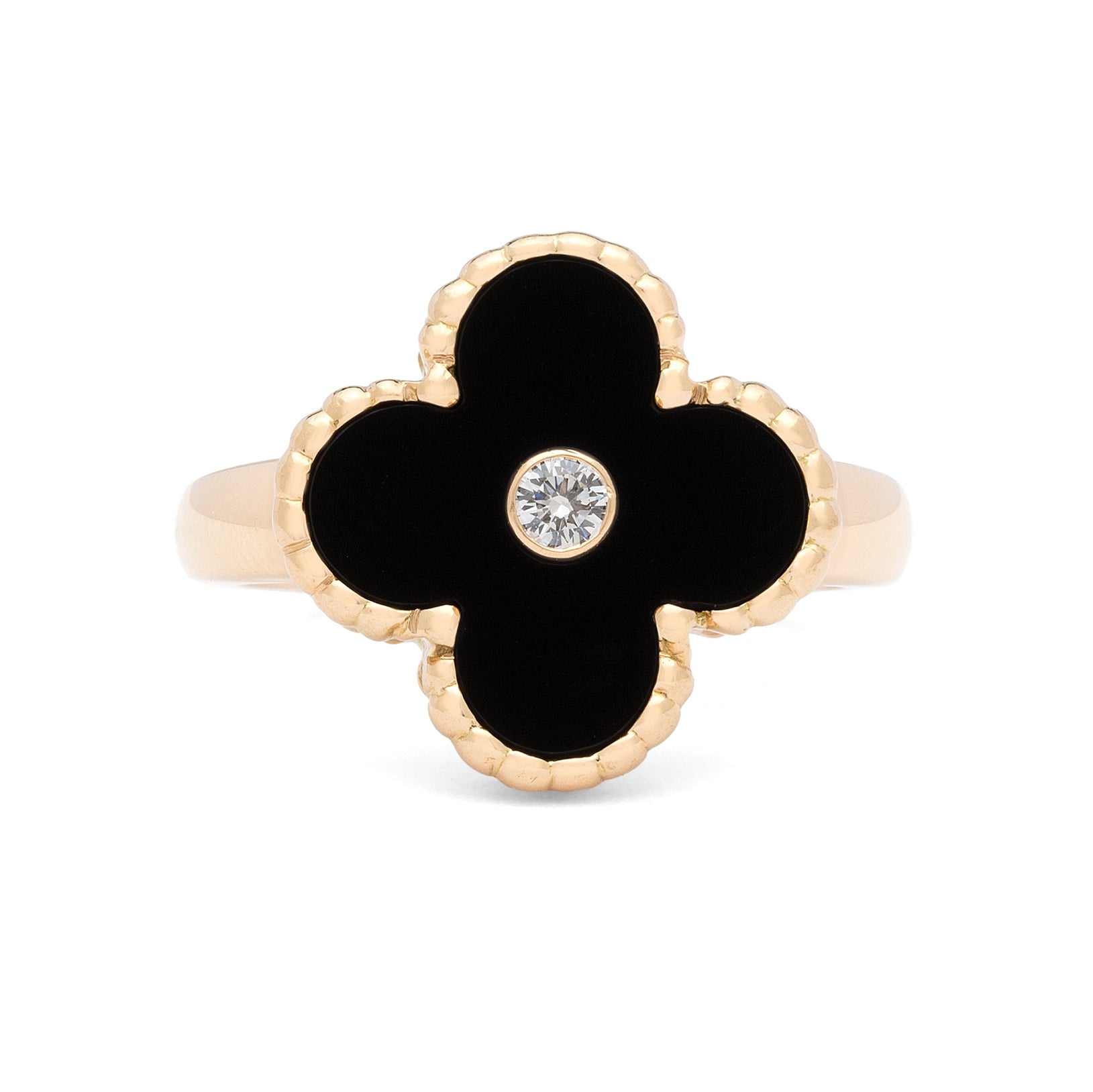 Van Cleef & Arpels 18K Yellow Gold Estate 'Vintage Alhambra' Onyx and Diamond Ring