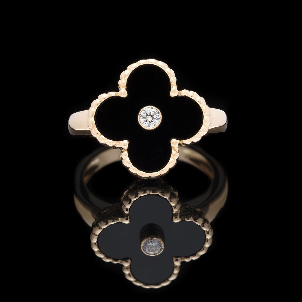 Van Cleef & Arpels 18K Yellow Gold Estate 'Vintage Alhambra' Onyx and Diamond Ring